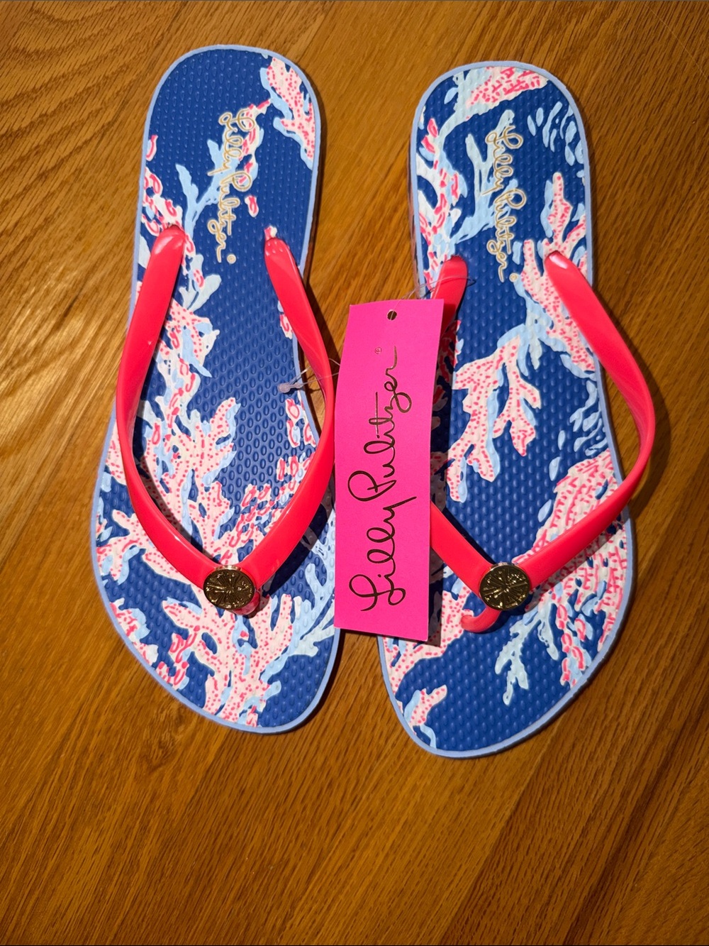 Lilly Pulitzer Blue Coral Print Sandals with Pink Straps